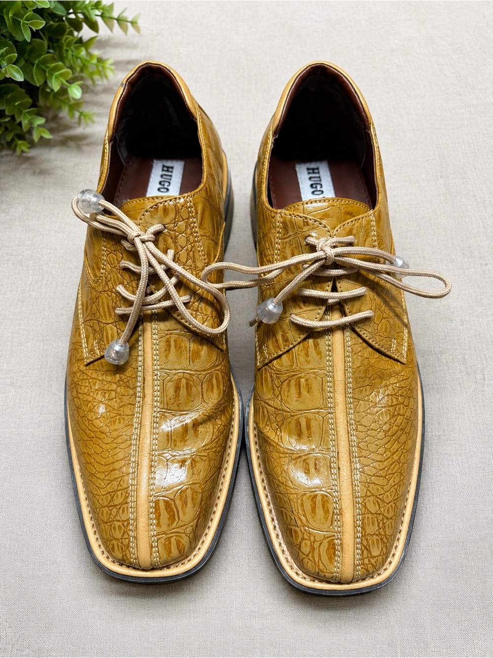 Hugo Men's Croc-Textured Derby Shoes in Mustard Yellow